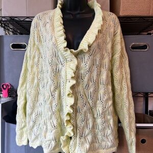 Rumored Light Green Openwork Ruffle-Trim Cardigan